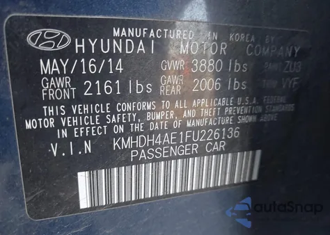 2015 Hyundai Elantra Limited из США, поврежденный, VIN KMHDH4AE1FU226136